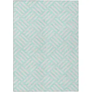 Photo of Aqua And Ivory Geometric Washable Indoor Outdoor Area Rug