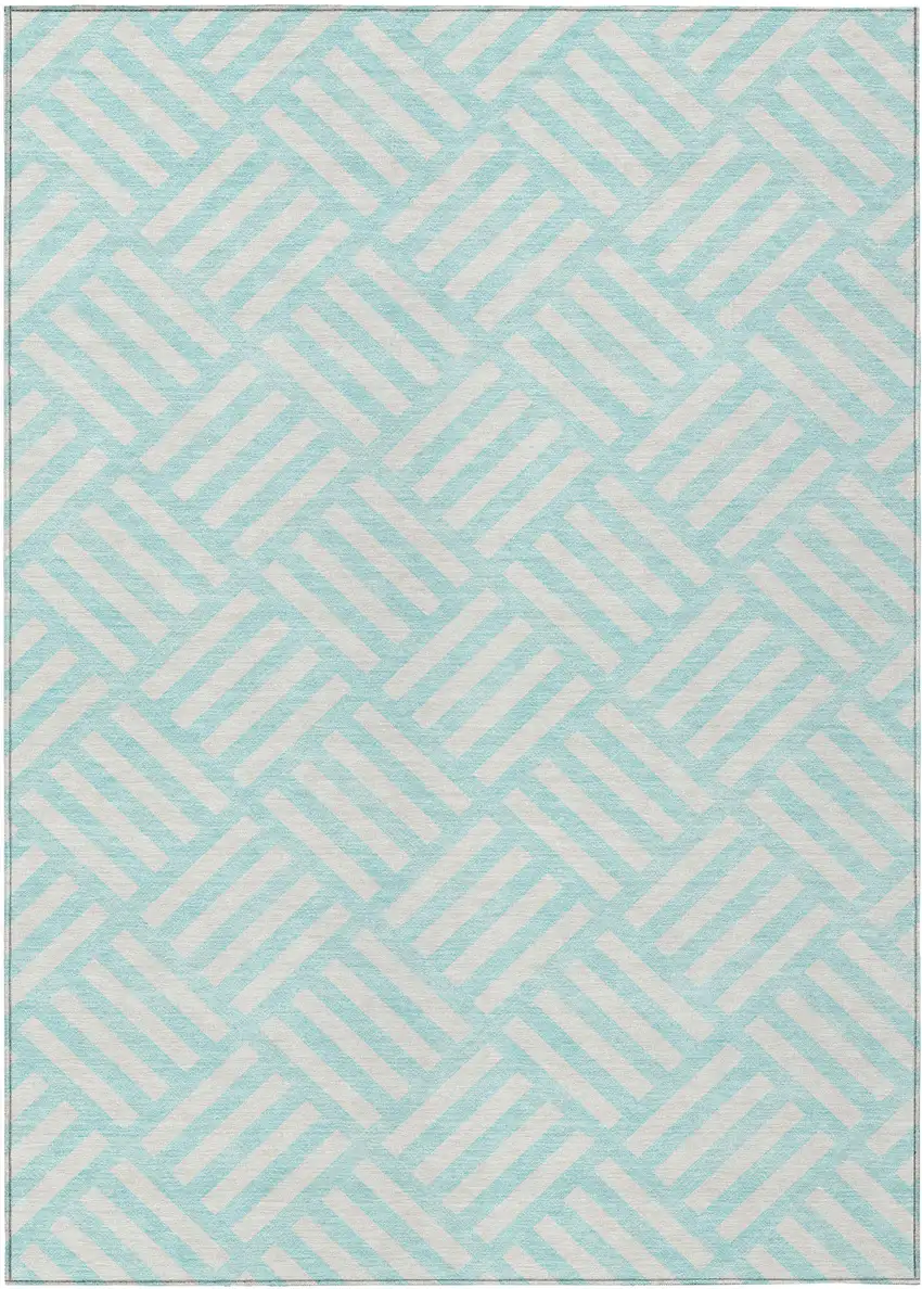 Aqua And Ivory Geometric Washable Indoor Outdoor Area Rug Photo 2