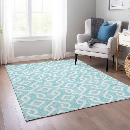 Aqua And Ivory Geometric Washable Indoor Outdoor Area Rug Photo 8
