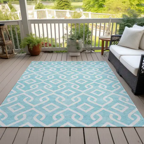 Aqua And Ivory Geometric Washable Indoor Outdoor Area Rug Photo 9