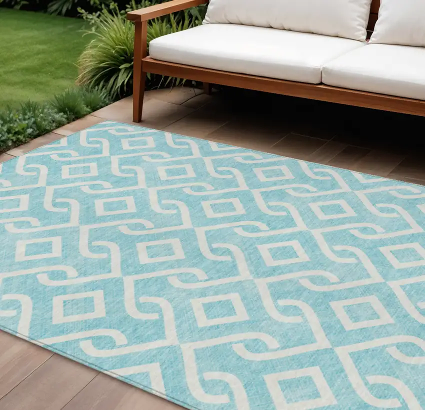 Aqua And Ivory Geometric Washable Indoor Outdoor Area Rug Photo 1