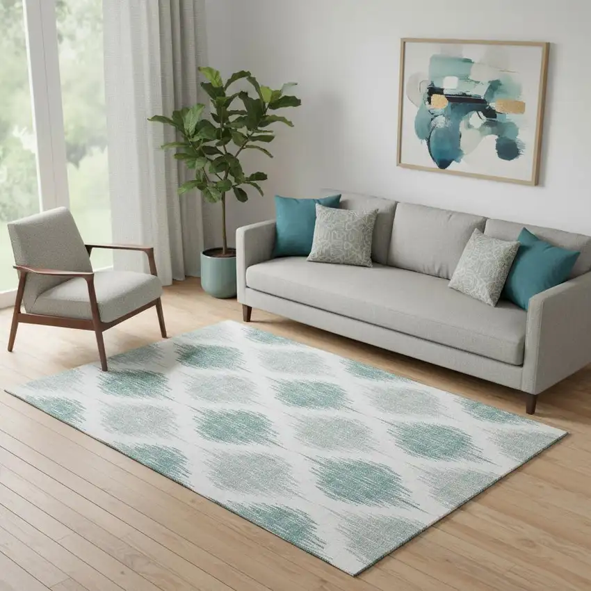 Aqua And Ivory Ikat Washable Area Rug With UV Protection Photo 1