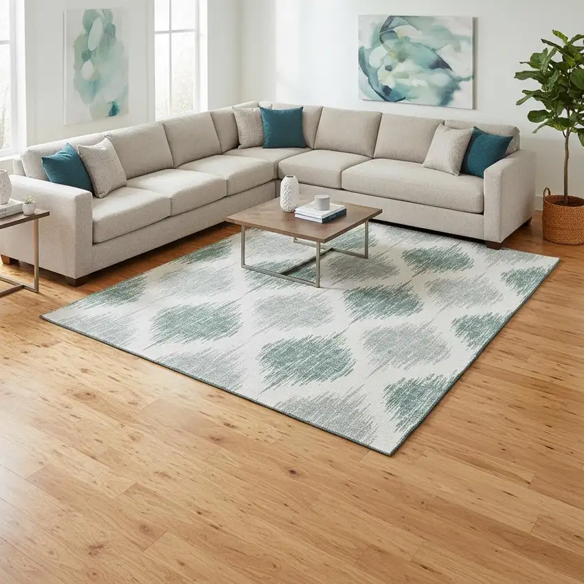 Aqua And Ivory Ikat Washable Area Rug With UV Protection Photo 2