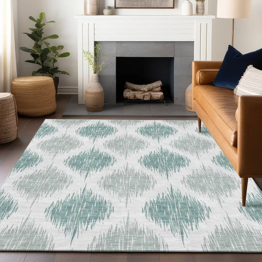 Aqua And Ivory Ikat Washable Area Rug With UV Protection Photo 5
