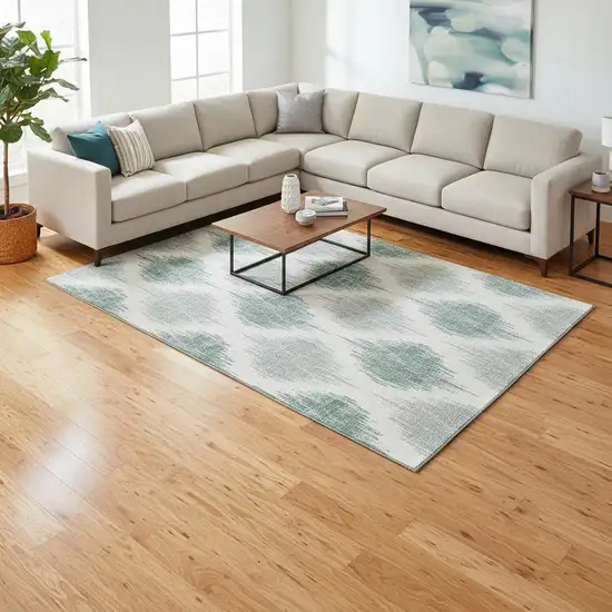 Aqua And Ivory Ikat Washable Area Rug With UV Protection Photo 2