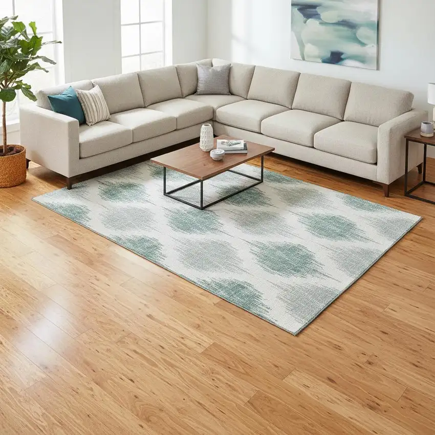 Aqua And Ivory Ikat Washable Area Rug With UV Protection Photo 2