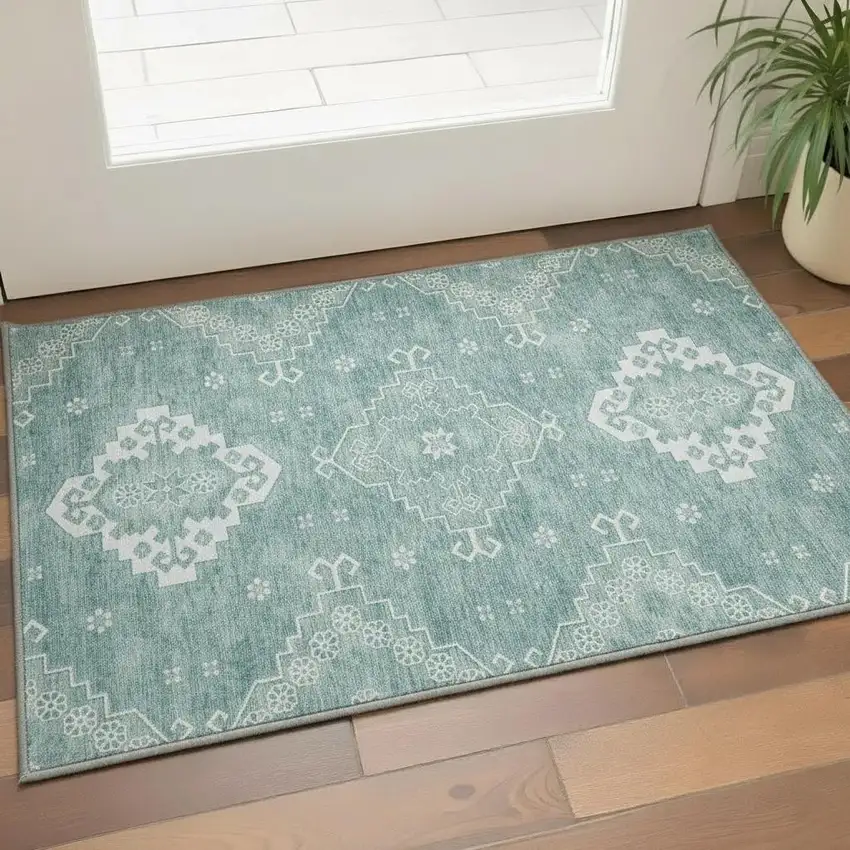 Aqua And Ivory Medallion Washable Area Rug With UV Protection Photo 2