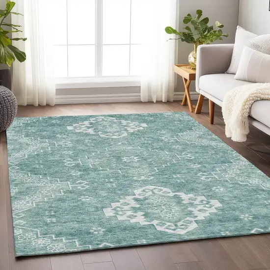 Aqua And Ivory Medallion Washable Area Rug With UV Protection Photo 6