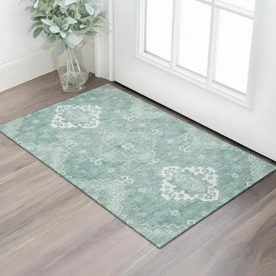 Aqua And Ivory Medallion Washable Area Rug With UV Protection Photo 1