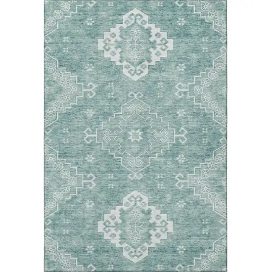Aqua And Ivory Medallion Washable Area Rug With UV Protection Photo 4