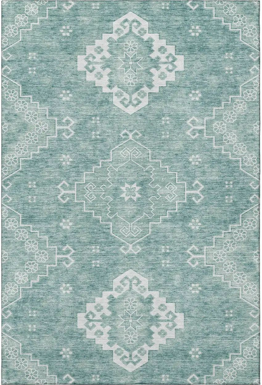 Aqua And Ivory Medallion Washable Area Rug With UV Protection Photo 4