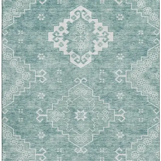 Aqua And Ivory Medallion Washable Area Rug With UV Protection Photo 3