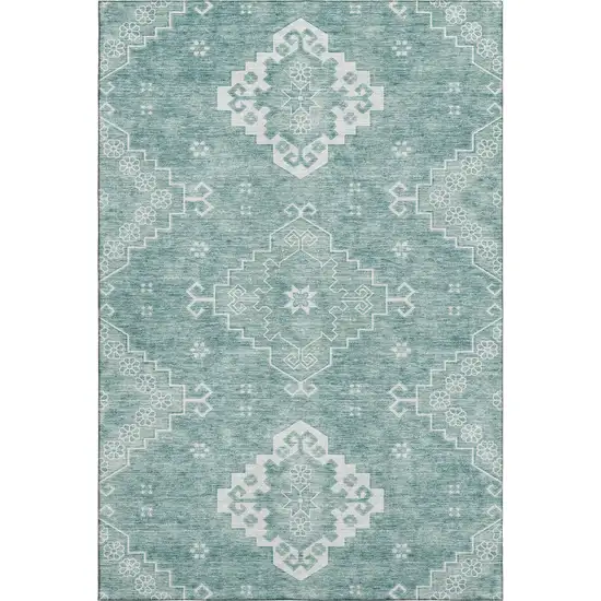 Aqua And Ivory Medallion Washable Area Rug With UV Protection Photo 1