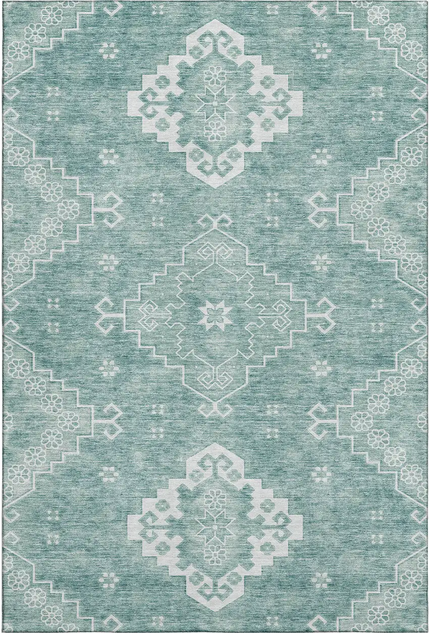 Aqua And Ivory Medallion Washable Area Rug With UV Protection Photo 1
