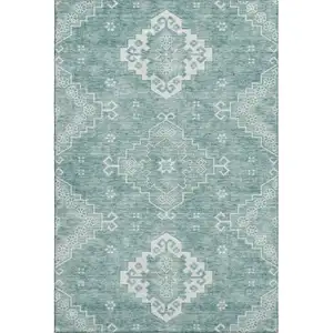 Photo of Aqua And Ivory Medallion Washable Area Rug With UV Protection