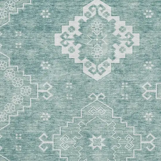 Aqua And Ivory Medallion Washable Area Rug With UV Protection Photo 3