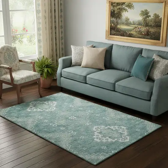 Aqua And Ivory Medallion Washable Area Rug With UV Protection Photo 1