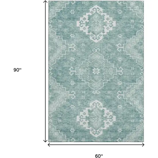 Aqua And Ivory Medallion Washable Area Rug With UV Protection Photo 3