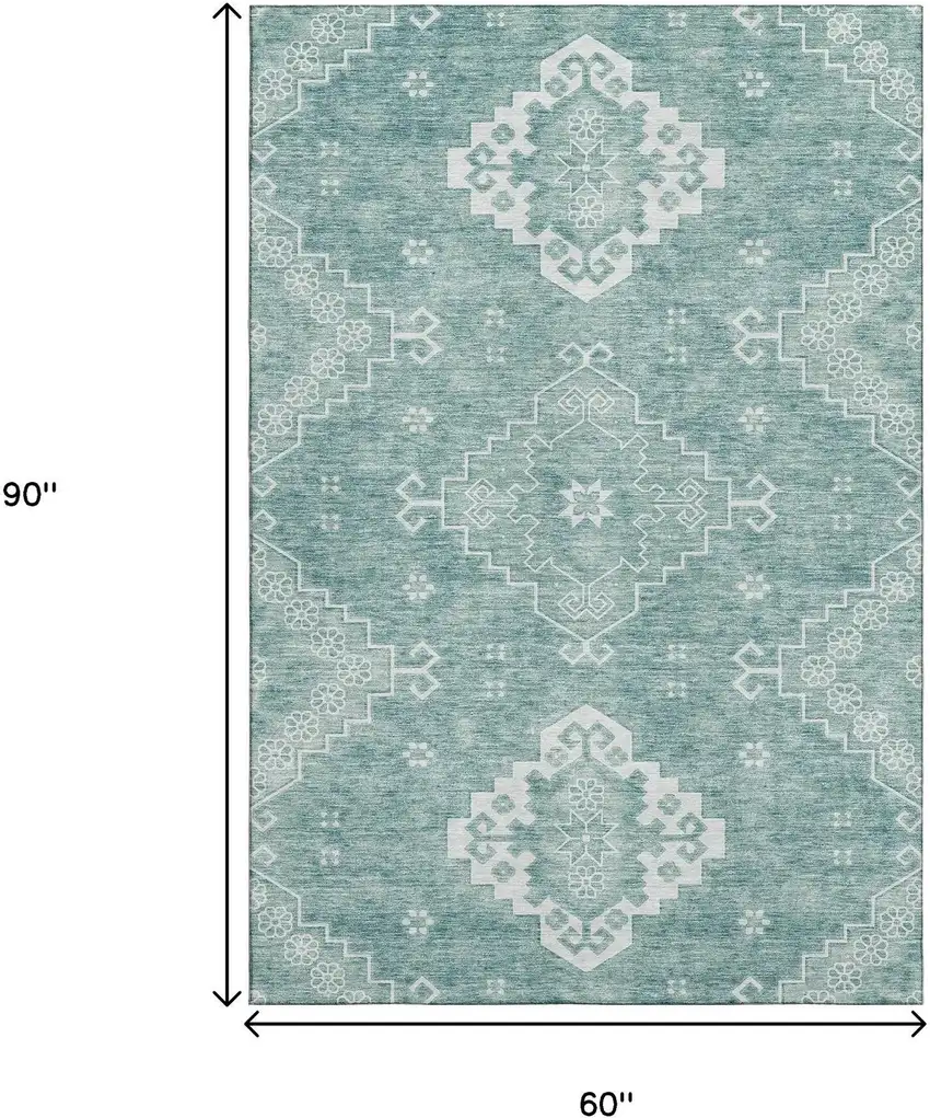 Aqua And Ivory Medallion Washable Area Rug With UV Protection Photo 3