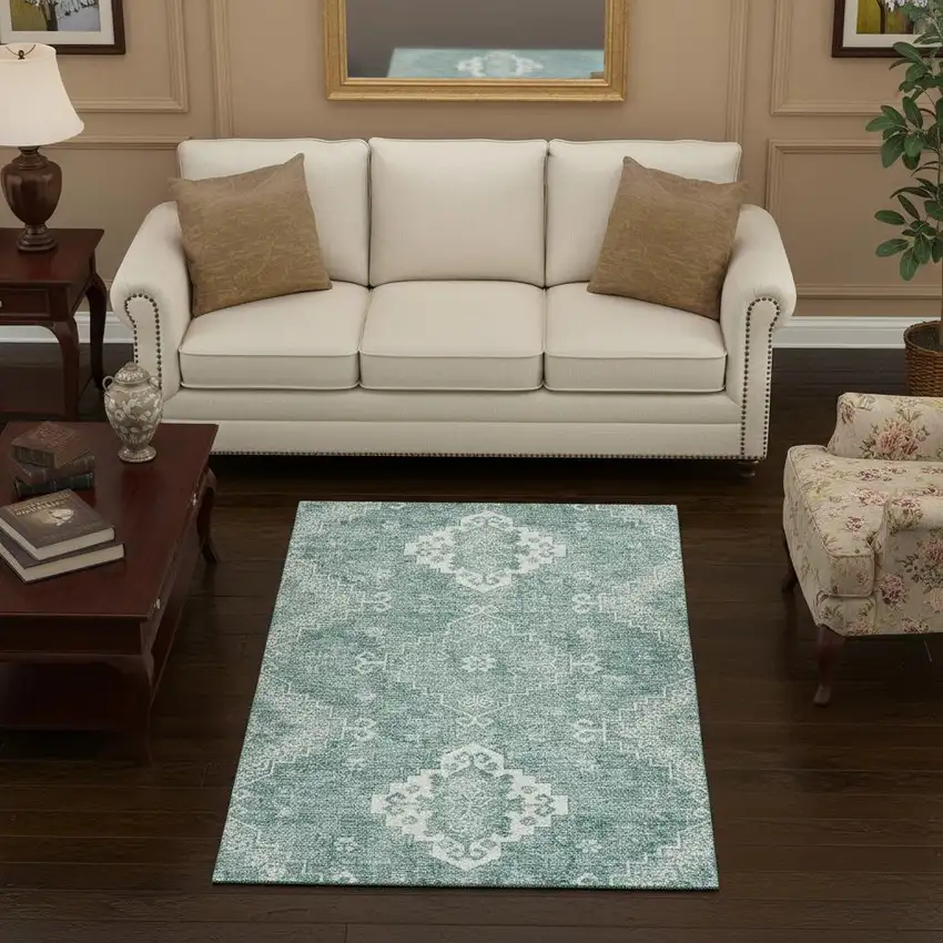 Aqua And Ivory Medallion Washable Area Rug With UV Protection Photo 2