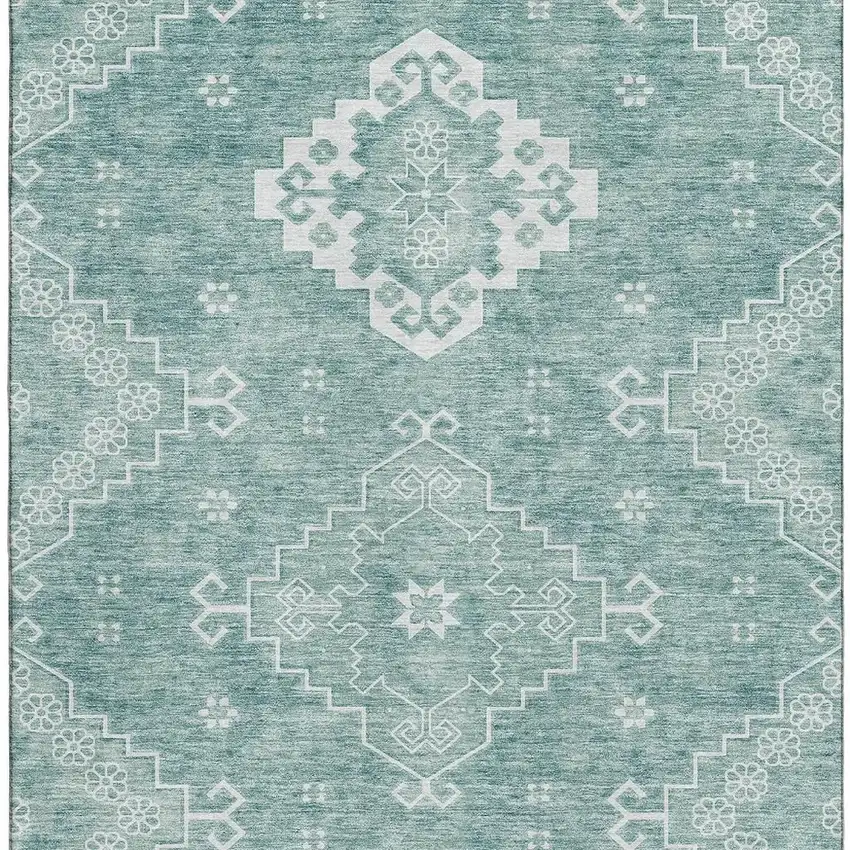 Aqua And Ivory Medallion Washable Area Rug With UV Protection Photo 4