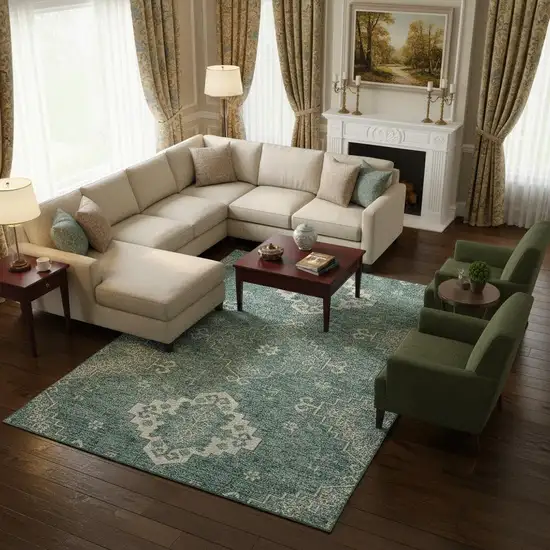 Aqua And Ivory Medallion Washable Area Rug With UV Protection Photo 2