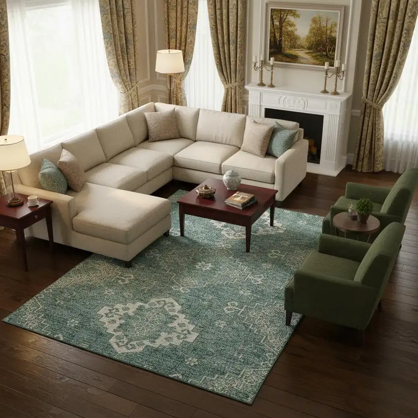 Aqua And Ivory Medallion Washable Area Rug With UV Protection Photo 2