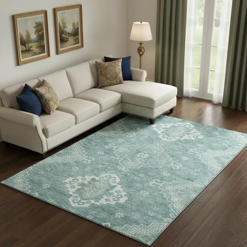 Aqua And Ivory Medallion Washable Area Rug With UV Protection Photo 1