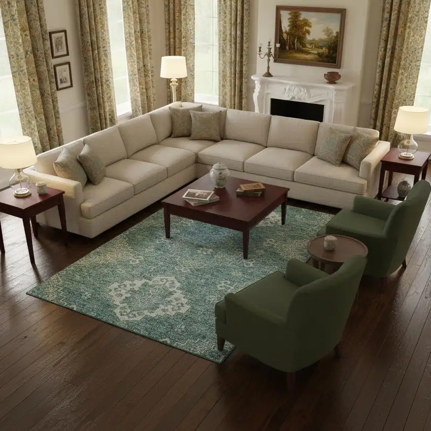 Aqua And Ivory Medallion Washable Area Rug With UV Protection Photo 2