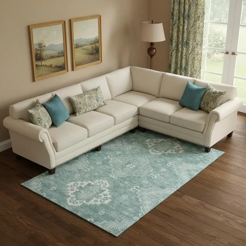 Aqua And Ivory Medallion Washable Area Rug With UV Protection Photo 1