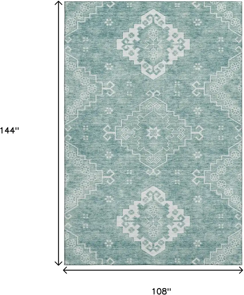 Aqua And Ivory Medallion Washable Area Rug With UV Protection Photo 3
