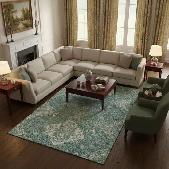 Aqua And Ivory Medallion Washable Area Rug With UV Protection Photo 2