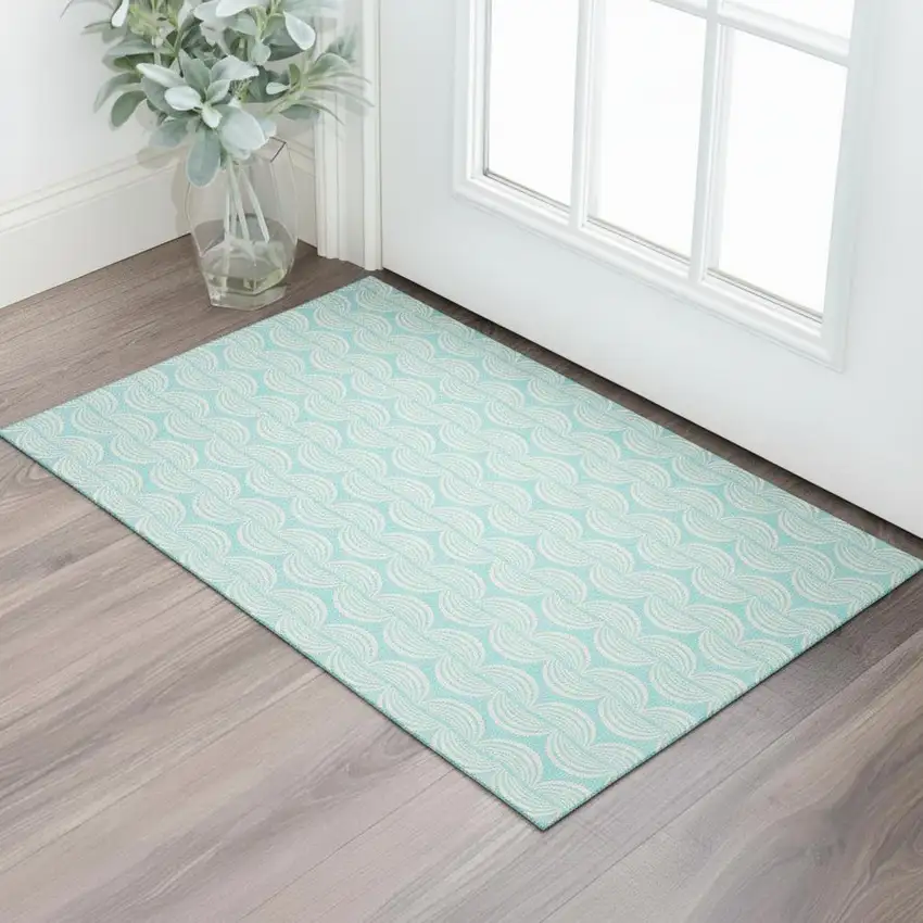 Aqua And Ivory Ogee Washable Area Rug With UV Protection Photo 2
