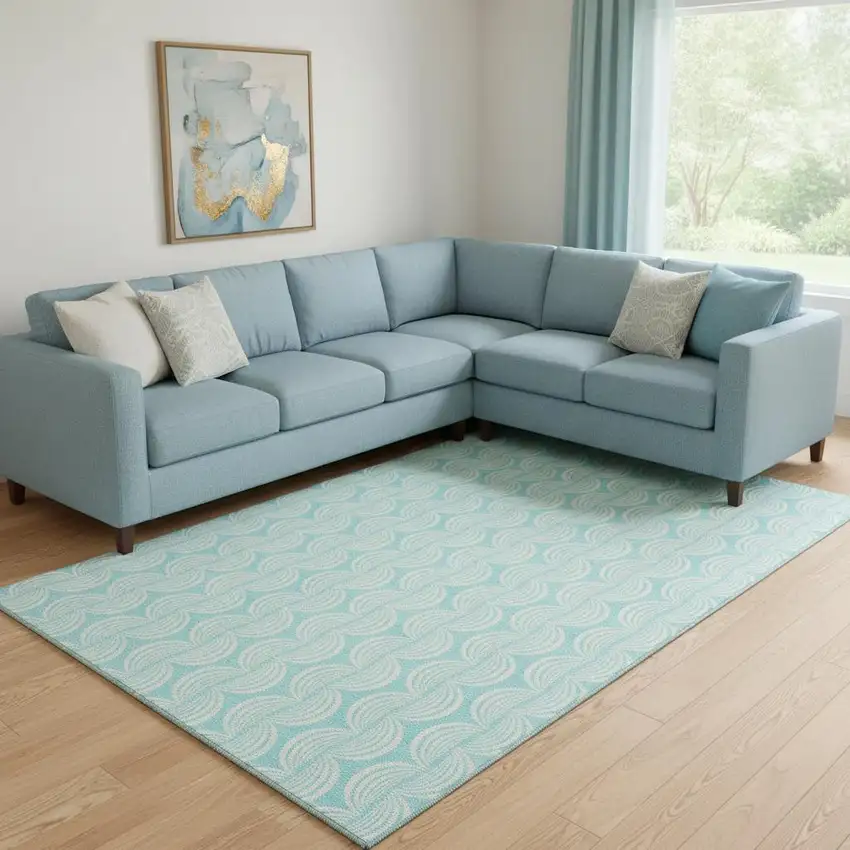 Aqua And Ivory Ogee Washable Area Rug With UV Protection Photo 2