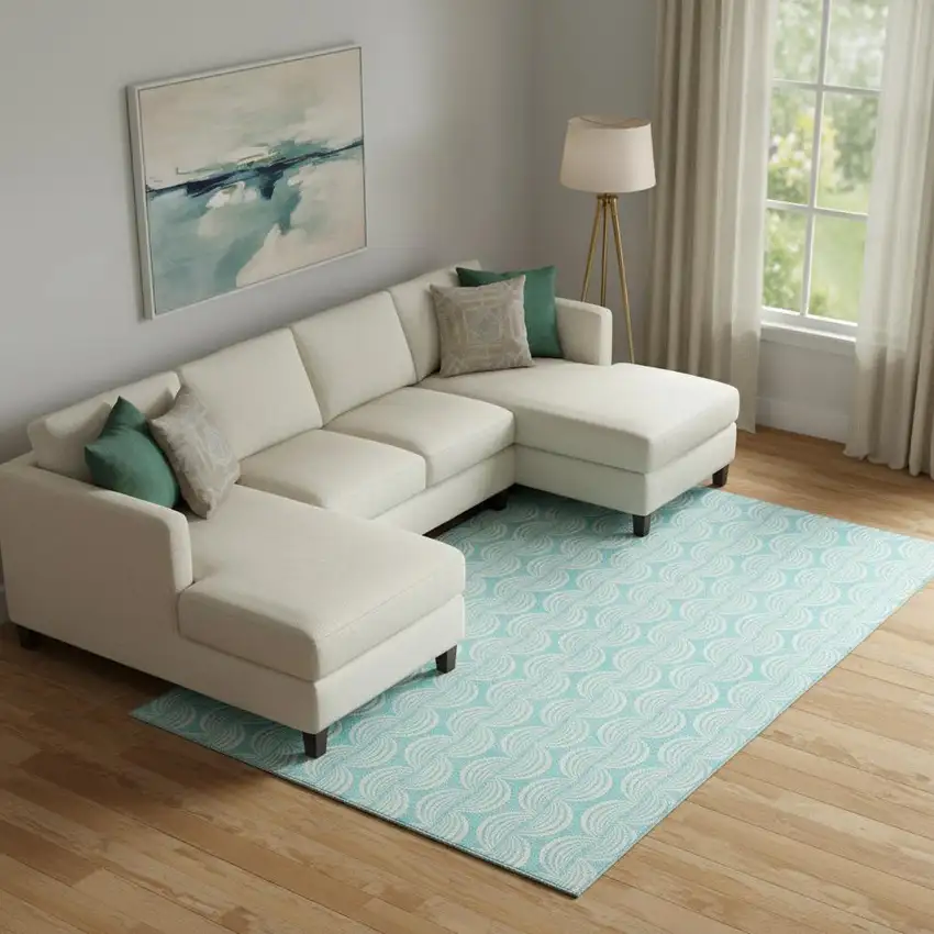 Aqua And Ivory Ogee Washable Area Rug With UV Protection Photo 2