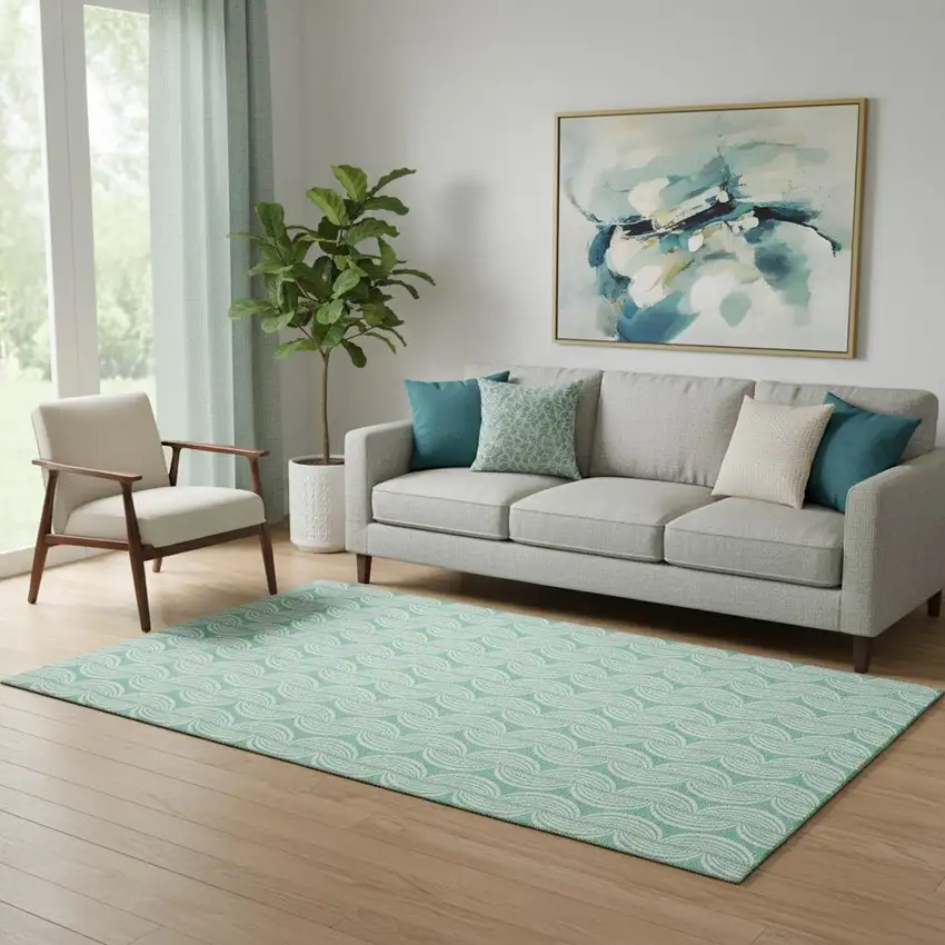 Aqua And Ivory Ogee Washable Area Rug With UV Protection Photo 2