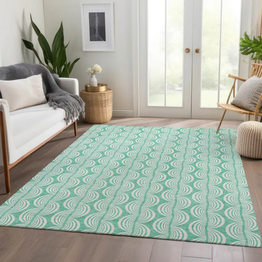 Aqua And Ivory Ogee Washable Area Rug With UV Protection Photo 5