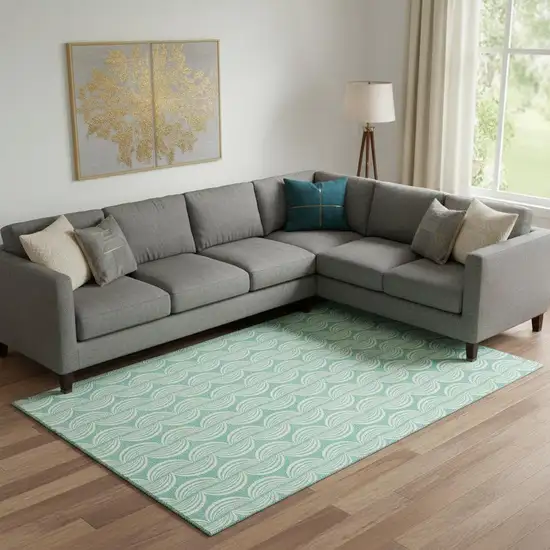 Aqua And Ivory Ogee Washable Area Rug With UV Protection Photo 2