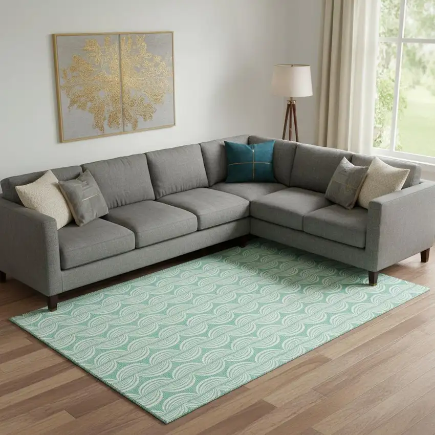 Aqua And Ivory Ogee Washable Area Rug With UV Protection Photo 2