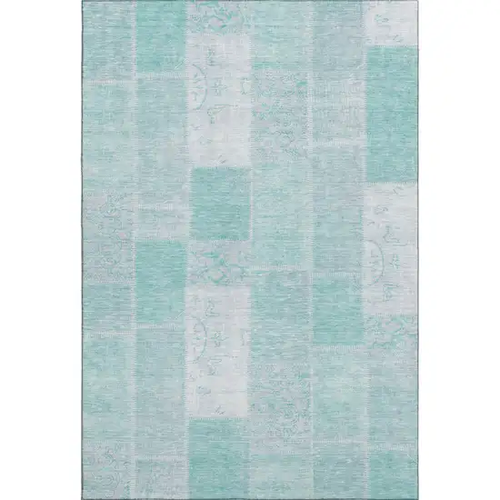 Aqua And Ivory Patchwork Washable Area Rug With UV Protection Photo 1