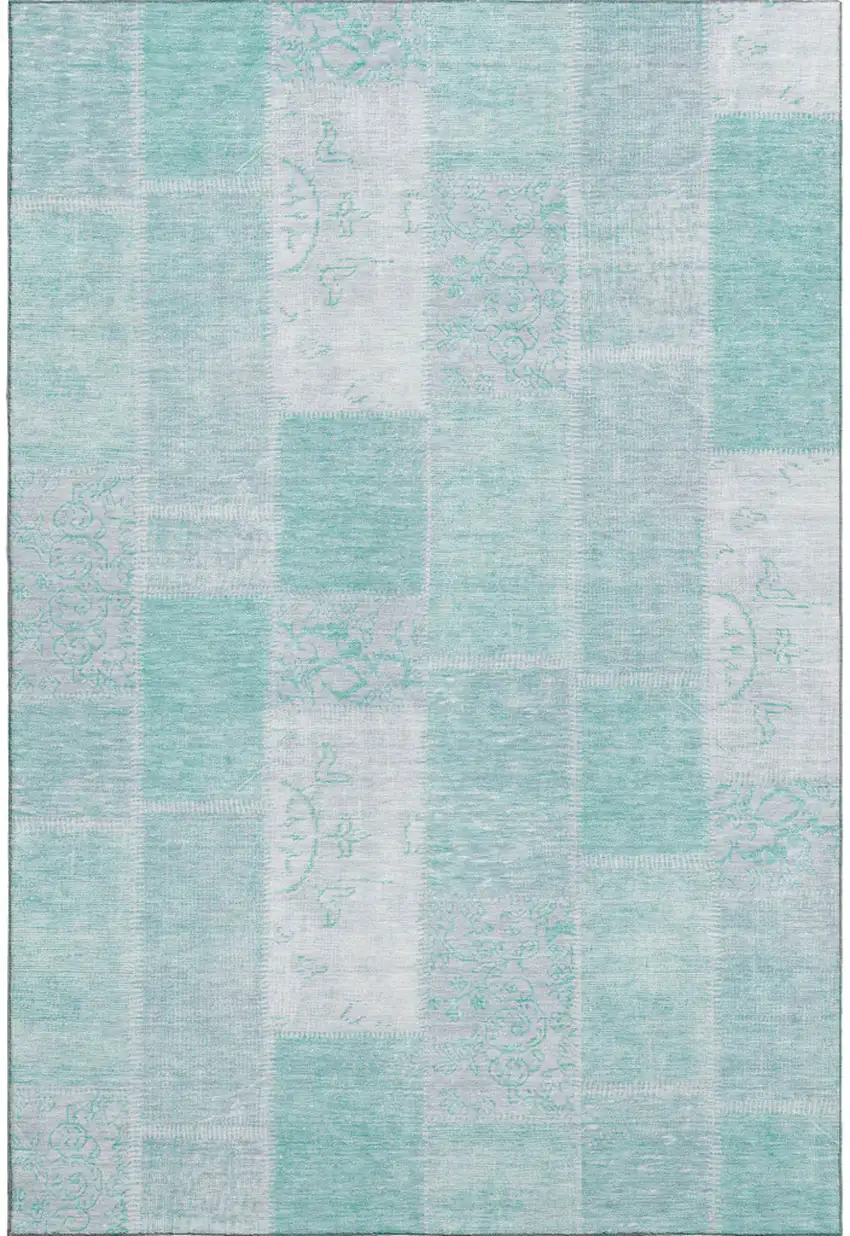 Aqua And Ivory Patchwork Washable Area Rug With UV Protection Photo 1