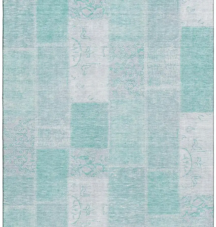 Aqua And Ivory Patchwork Washable Area Rug With UV Protection Photo 3