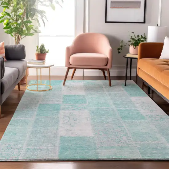 Aqua And Ivory Patchwork Washable Area Rug With UV Protection Photo 4