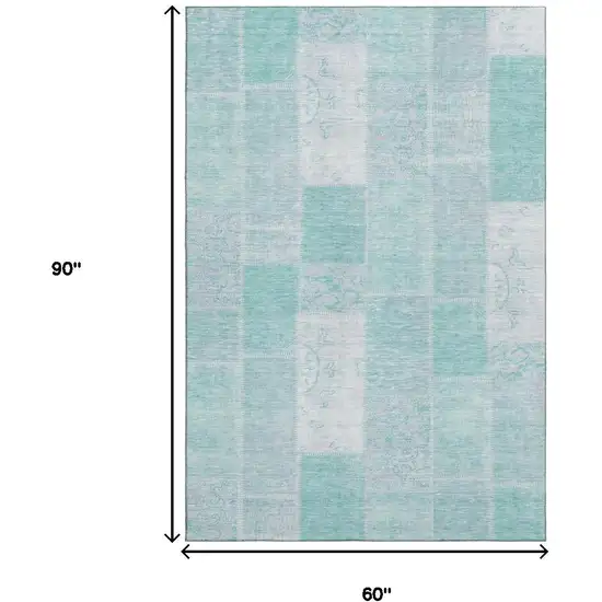 Aqua And Ivory Patchwork Washable Area Rug With UV Protection Photo 3