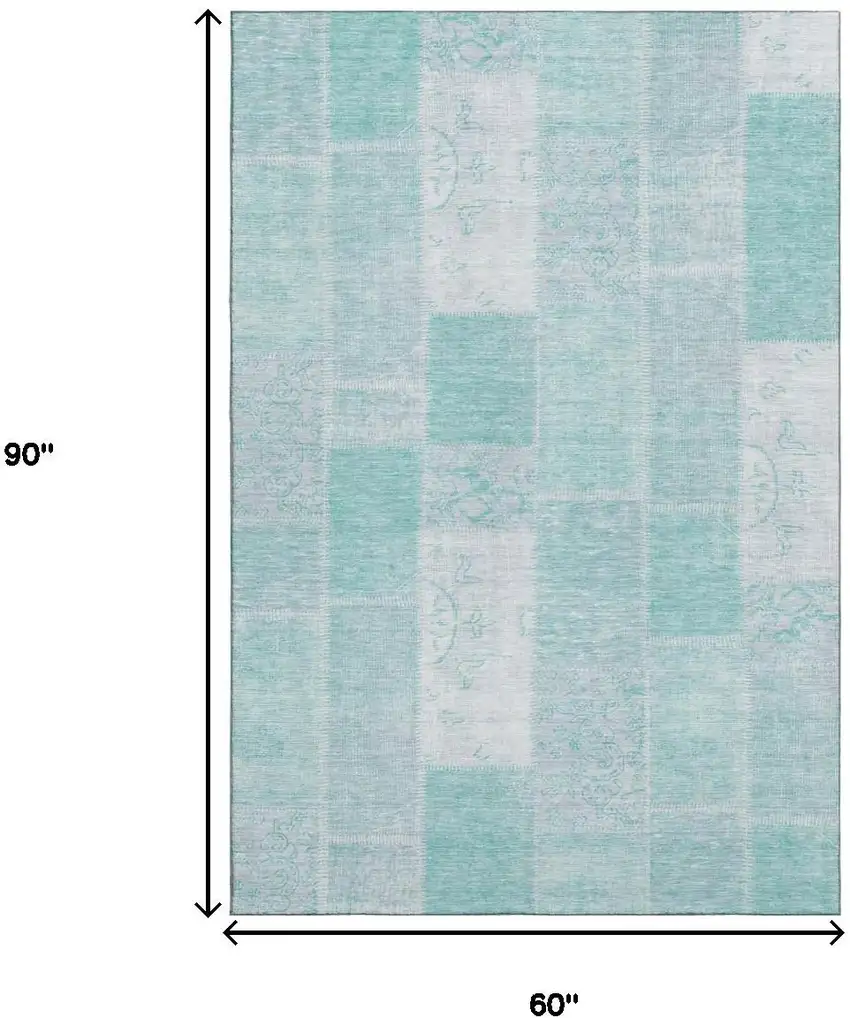 Aqua And Ivory Patchwork Washable Area Rug With UV Protection Photo 3