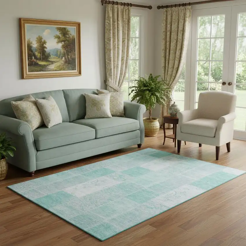 Aqua And Ivory Patchwork Washable Area Rug With UV Protection Photo 1