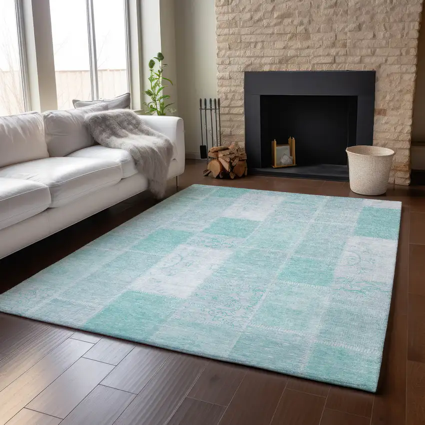 Aqua And Ivory Patchwork Washable Area Rug With UV Protection Photo 5