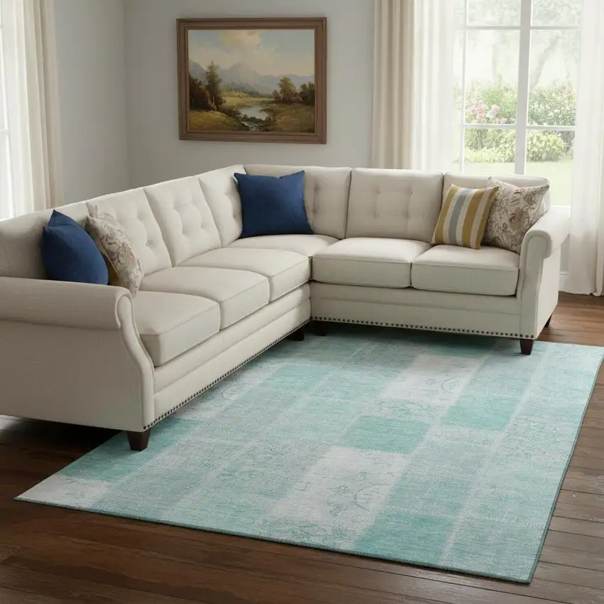 Aqua And Ivory Patchwork Washable Area Rug With UV Protection Photo 1