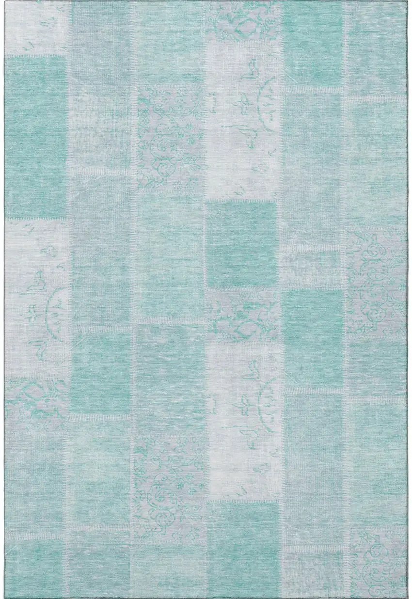 Aqua And Ivory Patchwork Washable Area Rug With UV Protection Photo 3