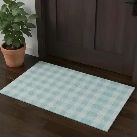 Aqua And Ivory Plaid Washable Area Rug With UV Protection Photo 2